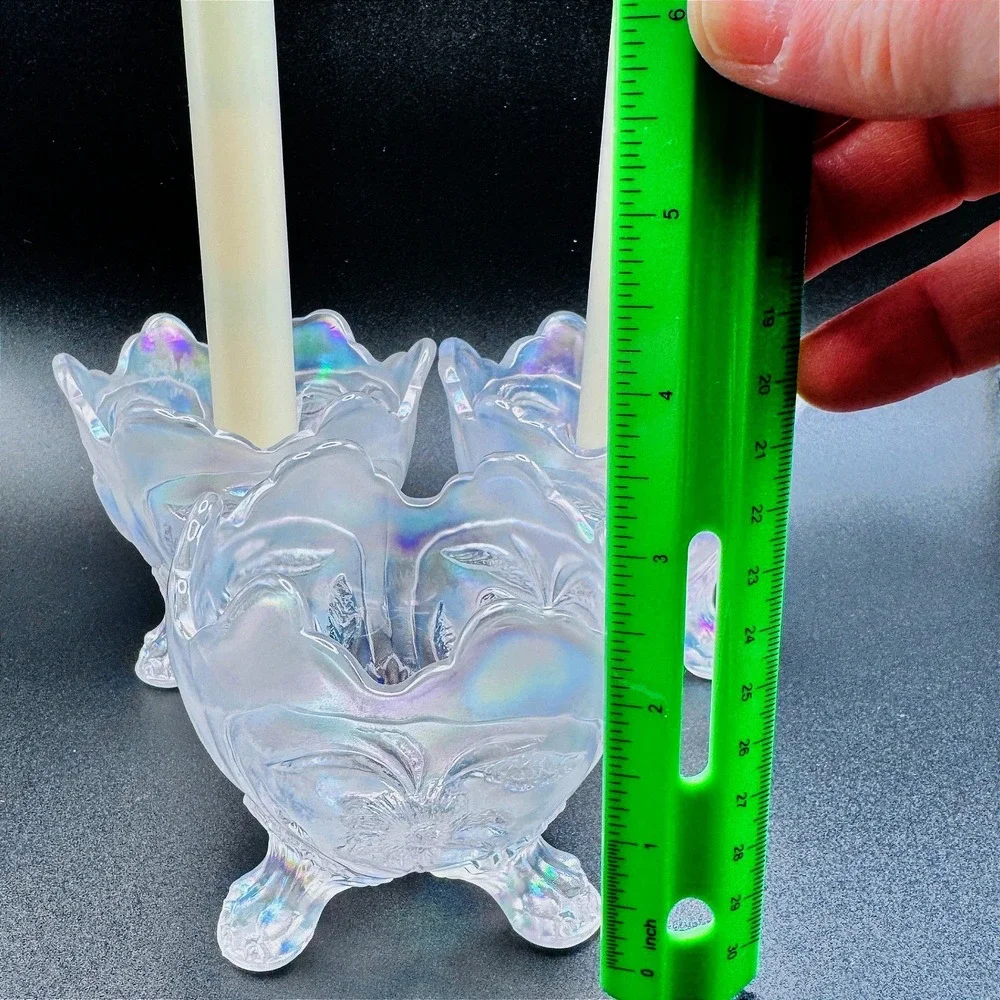 Imperial Iridescent White Carnival Glass Vtg. Floral Candle Console Set 3 Footed